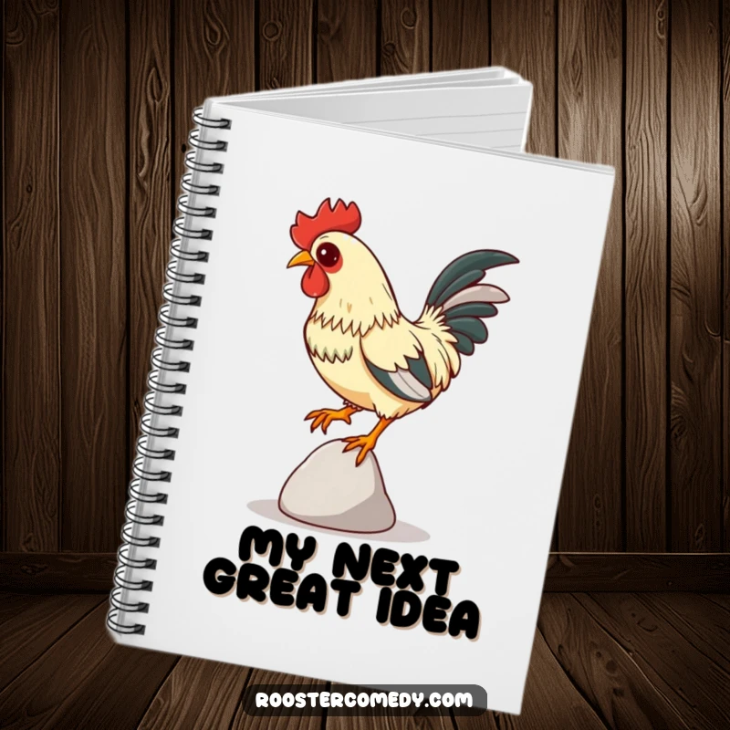 Funny Focused Rooster Notebook, journal with a rooster balancing on a pebble, intense focus, humorous and funny stationery.