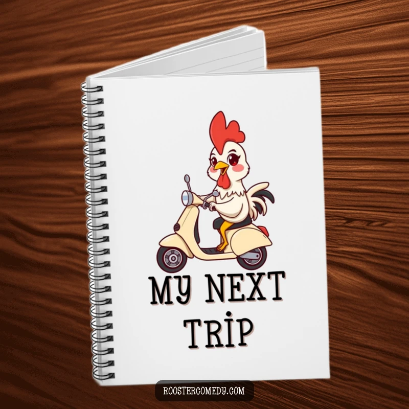 Funny notebook cover with a rooster joyfully riding a scooter, great for journaling adventures.