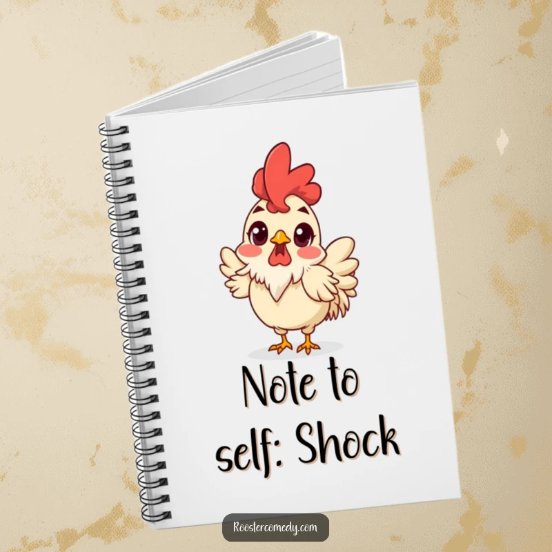 Funny Surprised Rooster Notebook, journal with a shocked rooster, wide eyes and ruffled feathers, humorous and funny stationery.