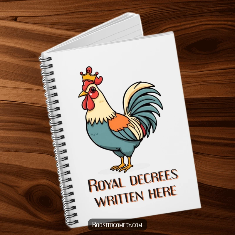 Funny Rooster notebook cover featuring a proud bird with a tiny crown, ready to jot down important ideas or daily notes.