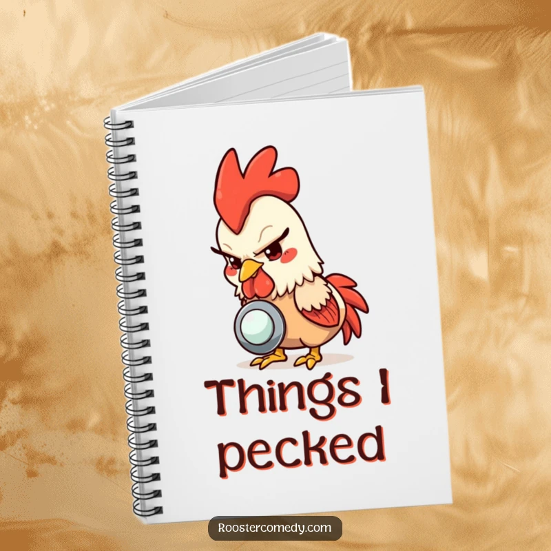 Funny rooster notebook, a mischievous rooster pecking a shiny button, ideal for jotting down playful notes.