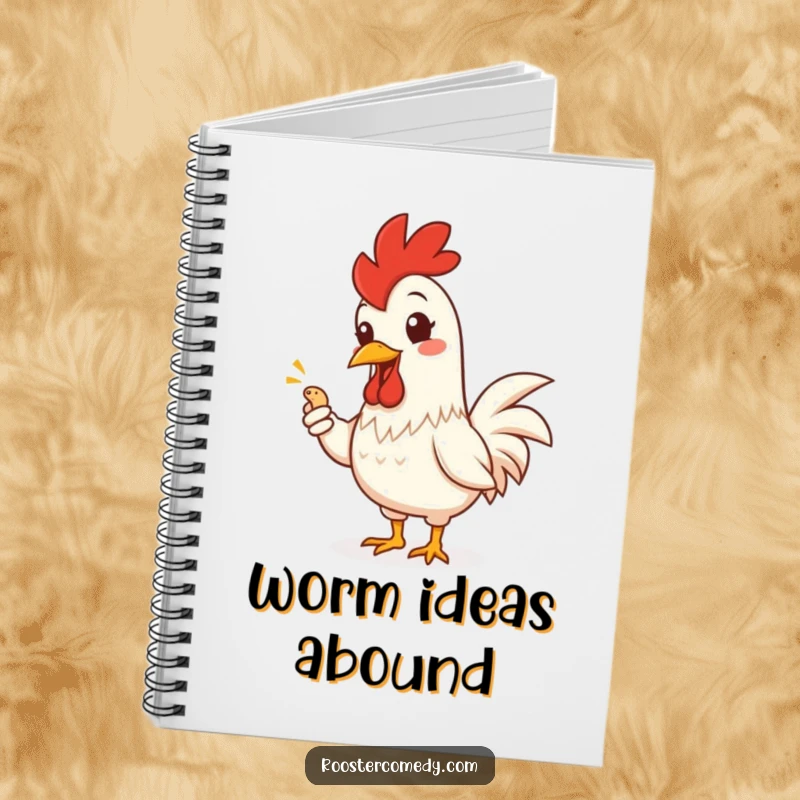 Funny Rooster Notebook: Lined notebook with a smiling rooster offering a worm, ideal for jotting down thoughts humorously.