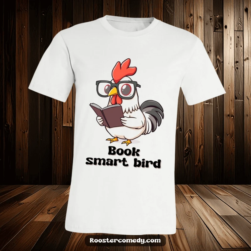 Funny rooster t-shirt showing a bird wearing large glasses and reading a miniature book. A witty design for bookworms.