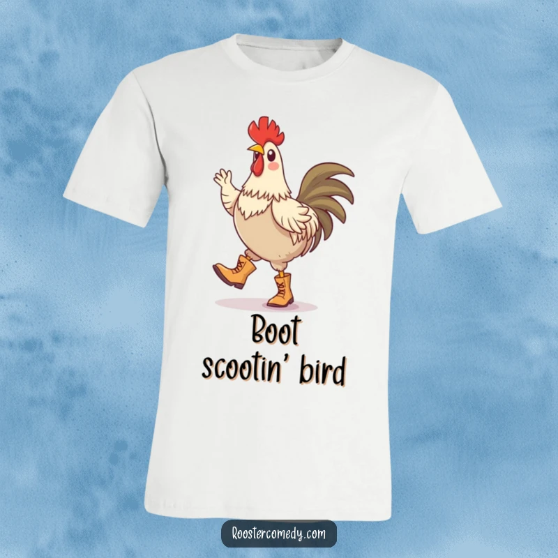 Funny t-shirt depicting a rooster wearing tiny boots and performing a comical, energetic silly jig.