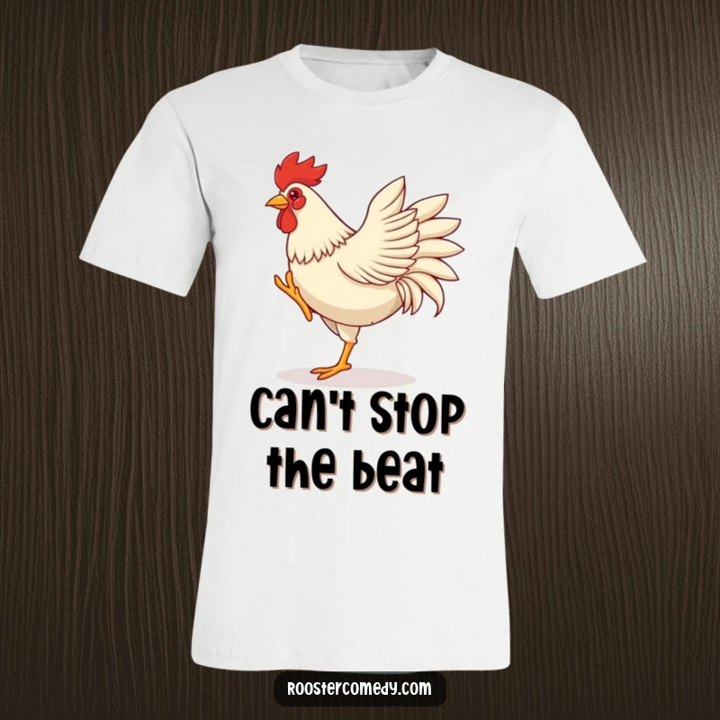 Funny rooster t-shirt, depicting a rooster energetically dancing with high leg kicks and flailing wing flaps, radiating pure fun.