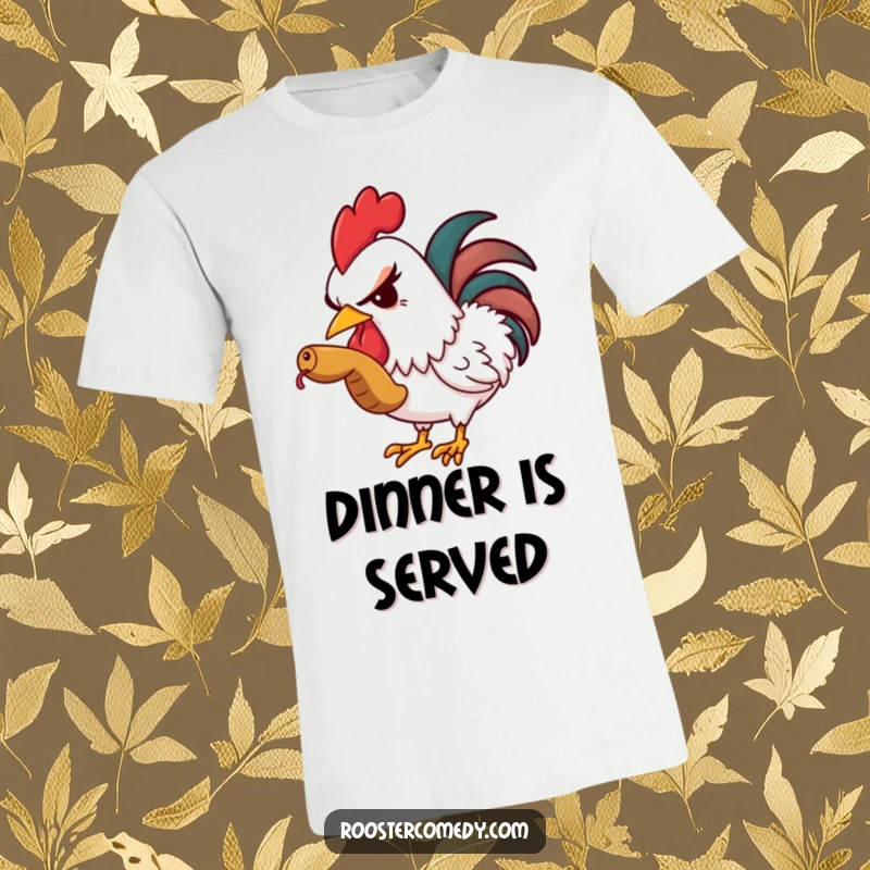 Funny t-shirt showing a rooster winking slyly while snatching a worm, great for mischief-lovers.