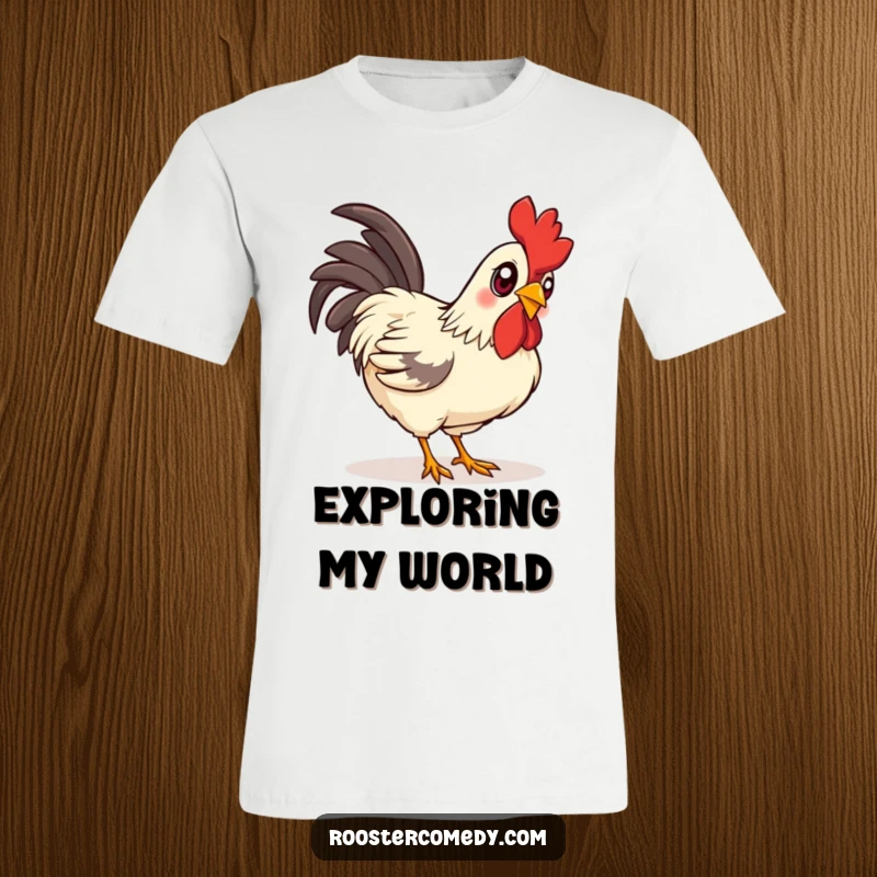 Funny curious rooster t-shirt, depicting a rooster with bright, eager eyes intently pecking at the ground.