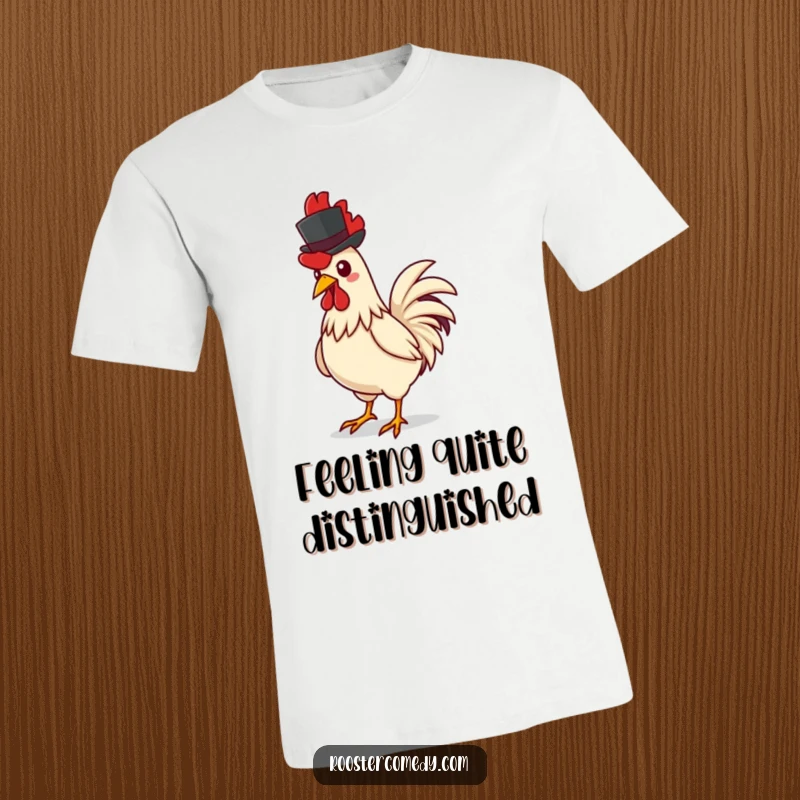 Funny rooster t-shirt, showing a rooster confidently strutting while wearing a miniature, stylish top hat, exuding charm and humor.