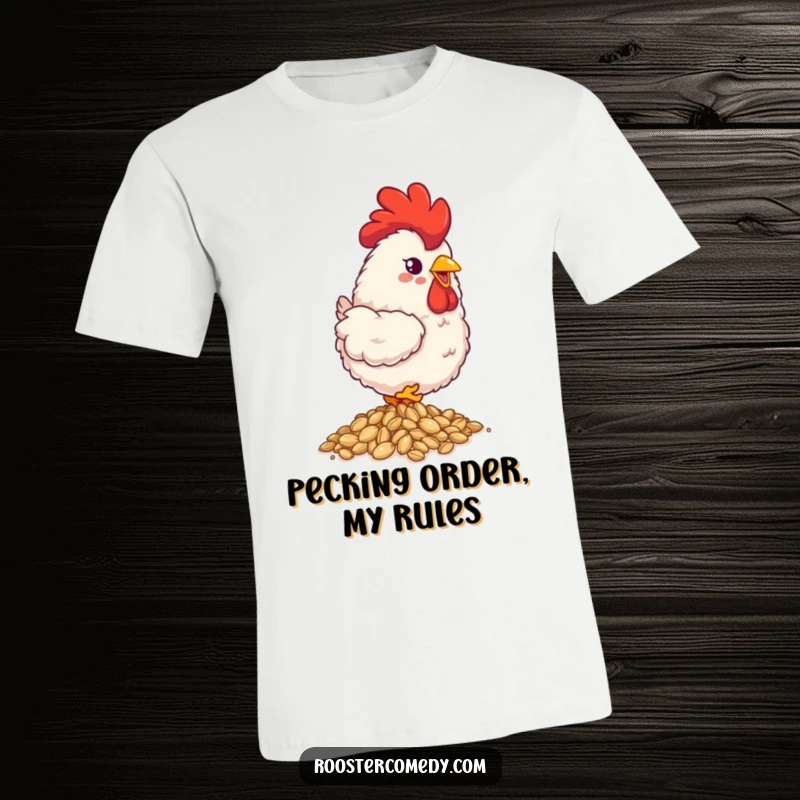 Funny fluffy rooster t-shirt, happily pecking shiny seeds, cute graphic tee, charming farm animal design, perfect funny gift.