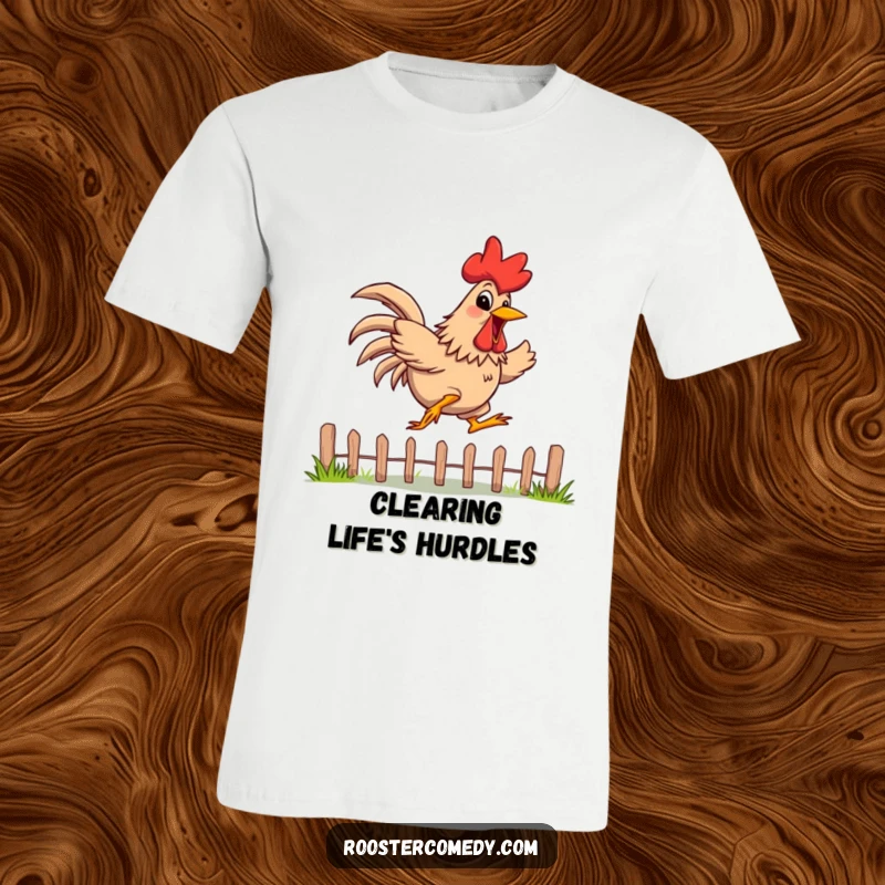 Funny T-Shirt of a rooster with a wide, energetic grin, leaping over a low fence with impressive agility and enthusiasm.