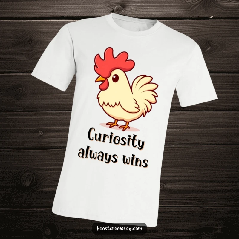 Funny Kawaii Rooster T-Shirt: A charming cartoon rooster with its head tilted, comb up, expressing curiosity. A delightful funny gift.