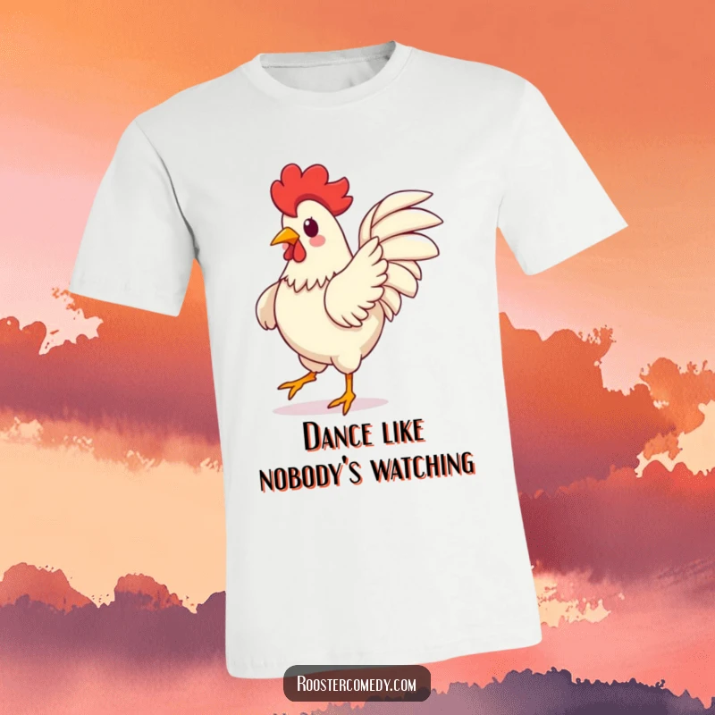 Funny Kawaii Rooster T-Shirt: A charming cartoon rooster dancing wildly, wings spread, full of uninhibited joy. A fantastic funny gift.