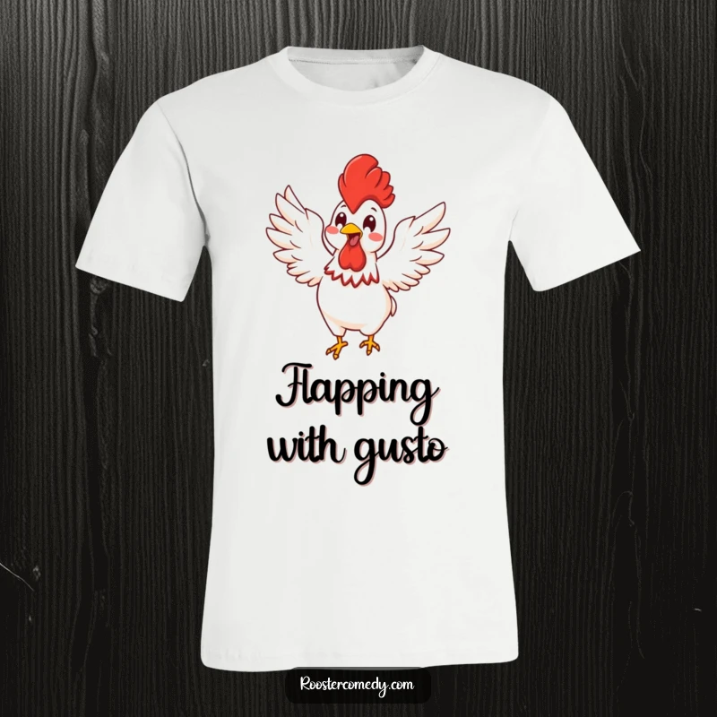 Funny Kawaii rooster flapping its wings with infectious energetic glee, printed on a soft t-shirt.