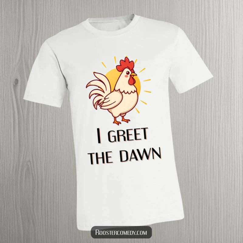 Funny Kawaii rooster crowing enthusiastically at a vibrant rising sun, printed on a soft t-shirt.