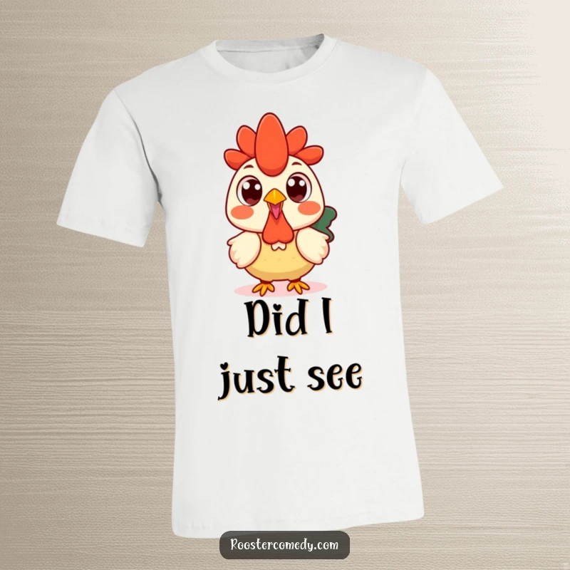 Funny Kawaii rooster t-shirt featuring a surprised rooster with wide, round eyes, caught off guard.