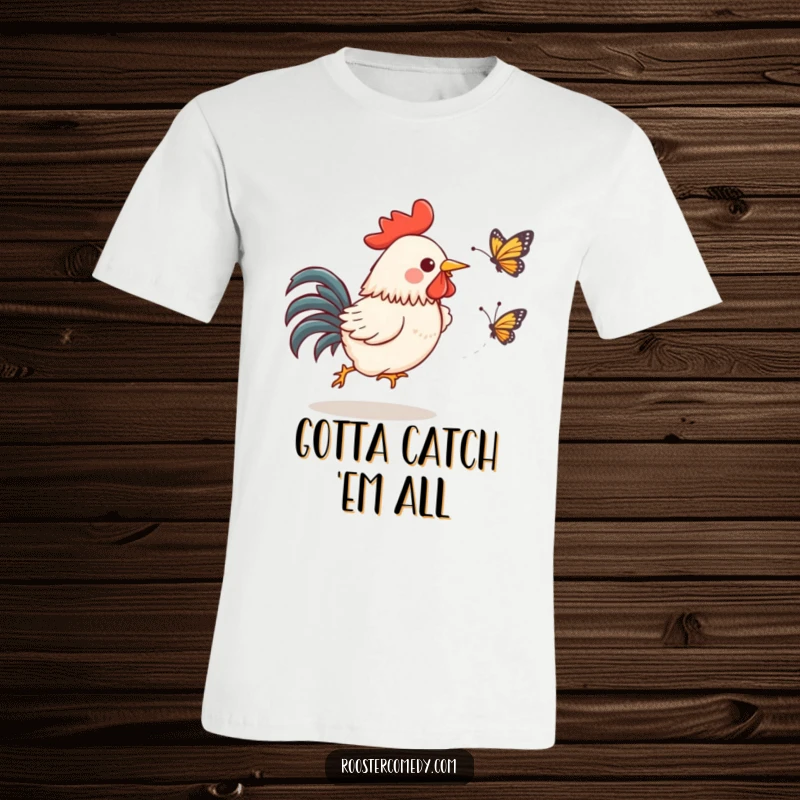Funny Kawaii Rooster T-Shirt: A gleeful rooster hilariously chases a startled butterfly, ideal funny gift.