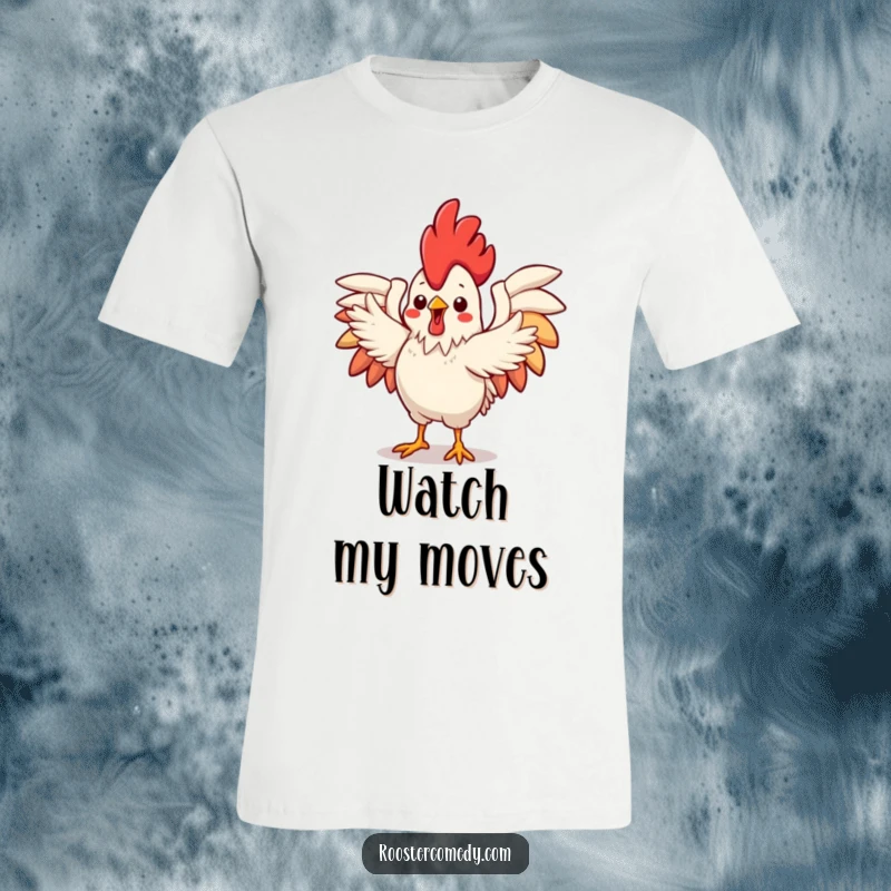 Funny T-Shirt featuring a cute Kawaii rooster with wings spread wide, executing a lively and flamboyant dance, bursting with personality.