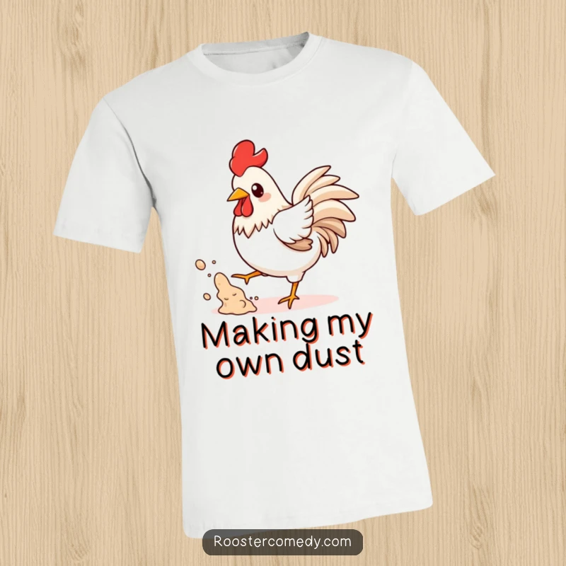Funny Kawaii Rooster T-Shirt: A kawaii rooster is captured in a funny action, playfully kicking up a cloud of dust.