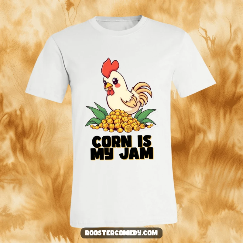Funny T-Shirt of a small rooster with vibrant, sparkling eyes, diligently pecking at a mound of corn, showcasing a focused appetite.