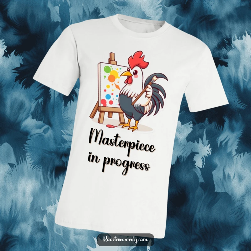 Funny t-shirt featuring a rooster enthusiastically painting, perfect for artists and creative individuals.