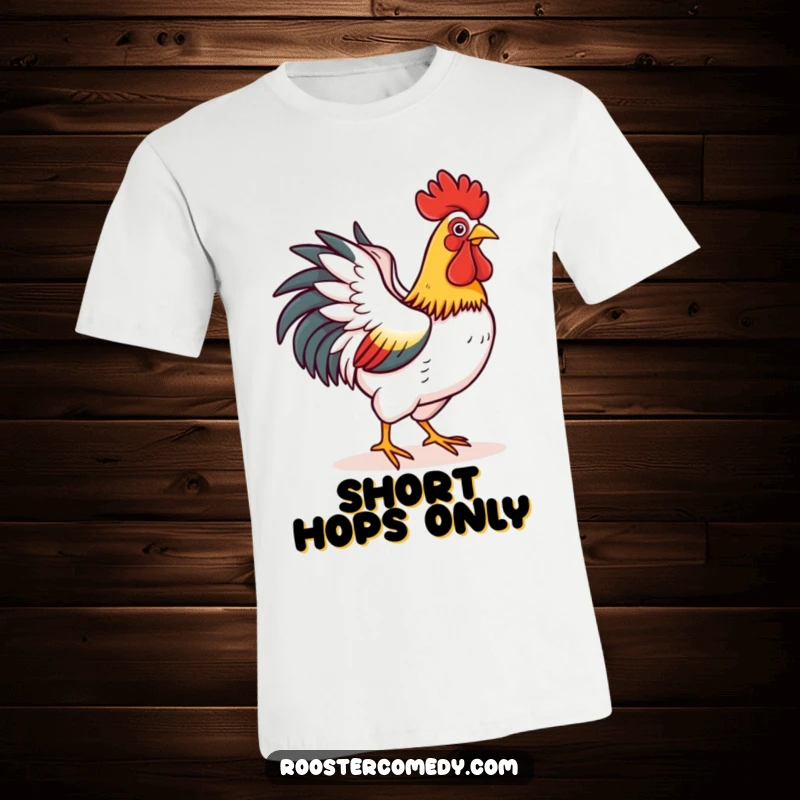 Funny t-shirt featuring a rooster happily flapping its wings, attempting a short flight, highlighting its joyful effort and optimistic attitude.