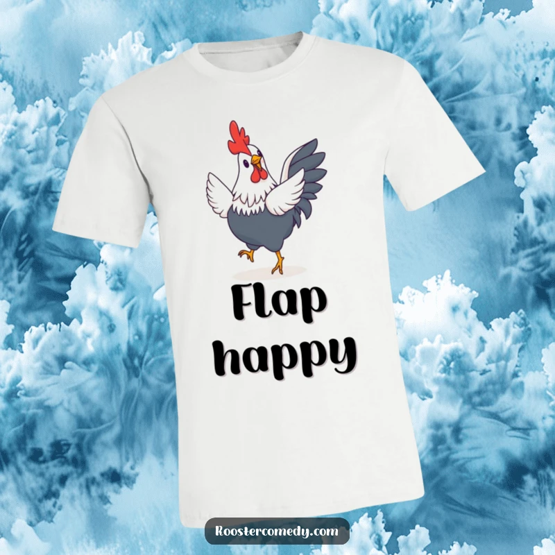 Funny Rooster T-Shirt: A comical rooster with disproportionately small wings energetically doing a happy jig, radiating pure, silly joy.