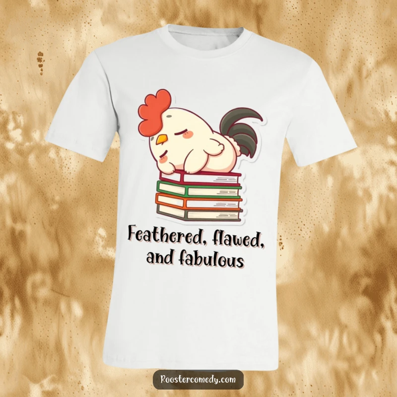 Funny t-shirt with a dozing rooster character, fluffy tail, comically toppling a stack of books, a humorous statement piece.