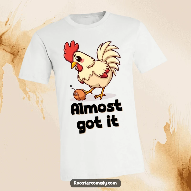 Funny t-shirt featuring a rooster comically tripping while reaching for a worm, highlighting its farmyard clumsiness in a humorous way.