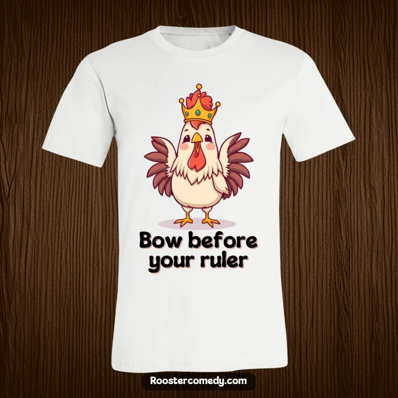 Funny Royal Rooster Crowing T-Shirt, proud rooster in a crown singing loudly, funny and majestic bird shirt, great for bird enthusiasts.