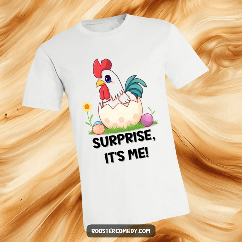 Funny surprise rooster Easter t-shirt, wide eyes, popping out of egg, humorous spring apparel, perfect gift.