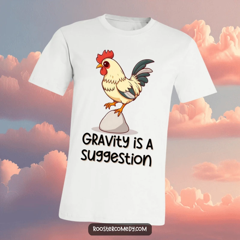 Funny Focused Rooster T-Shirt, shirt with a rooster balancing on a pebble, intense focus, humorous and funny bird shirt.