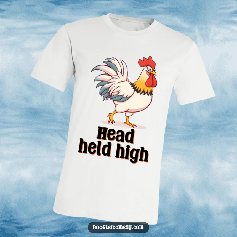 Funny t-shirt design of a rooster proudly strutting, its comb comically oversized and attention-grabbing.