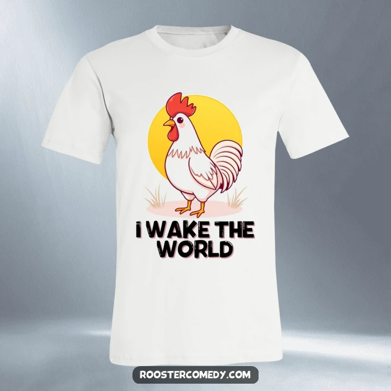 Funny Kawaii rooster t-shirt showing a cute rooster crowing at a beautiful sunrise, perfect for those who love mornings and humor.
