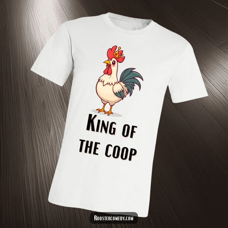 Funny rooster t-shirt, a rooster wearing a tiny crown, strutting forward with undeniable regal pride.