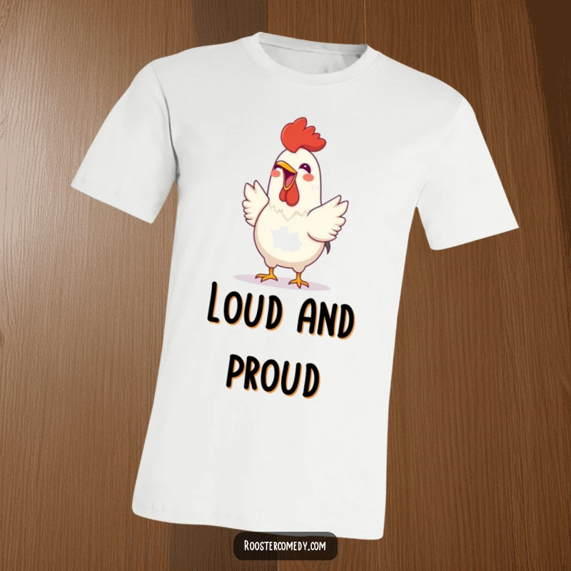 Funny Rooster t-shirt showing a happy bird joyfully crowing with its beak wide open, radiating cheerful energy and farm humor.