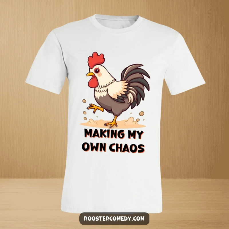 Funny Kawaii Rooster Dust T-Shirt: Playful chicken kicking up dust energetically, fun design for casual wear and expressing joy.