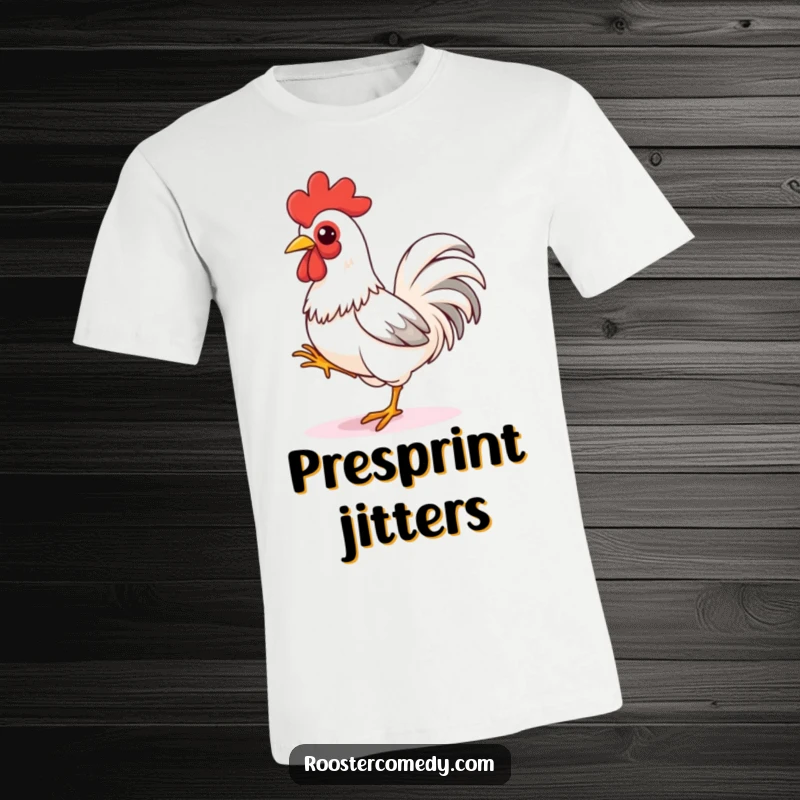Funny rooster t-shirt, a playful bird tapping its foot, looking ready to sprint, capturing a moment of eager anticipation.