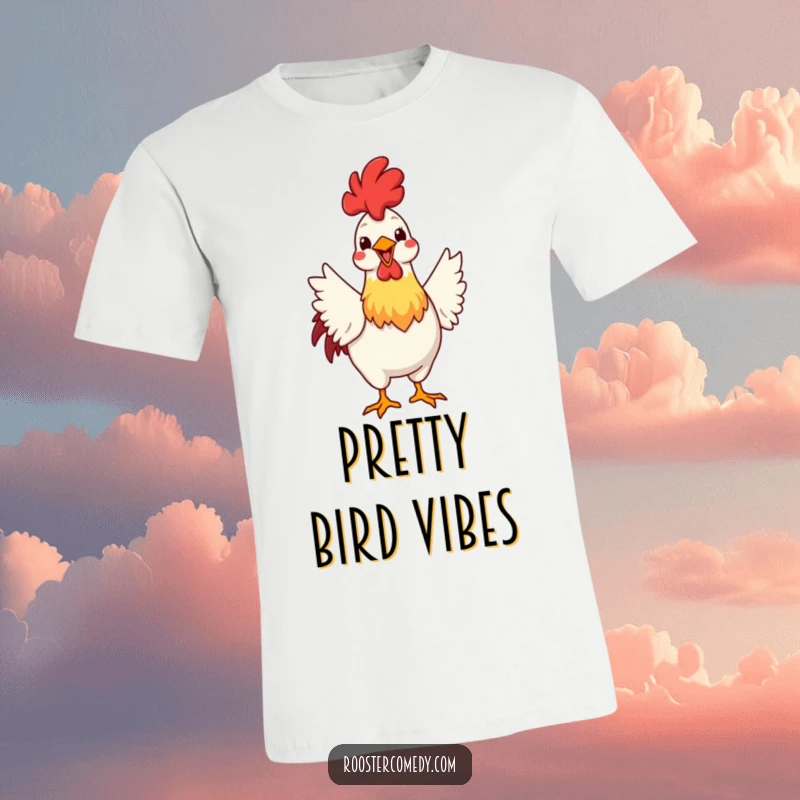 Funny t-shirt featuring a rooster enthusiastically fanning its colorful tail feathers with a big grin, celebrating its proud and flamboyant nature.