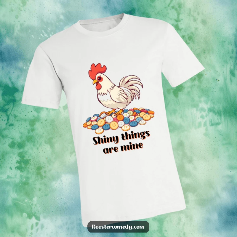 Funny Pecking Rooster T-Shirt, shirt with a rooster pecking buttons, shiny and humorous bird design, ideal for collectors.