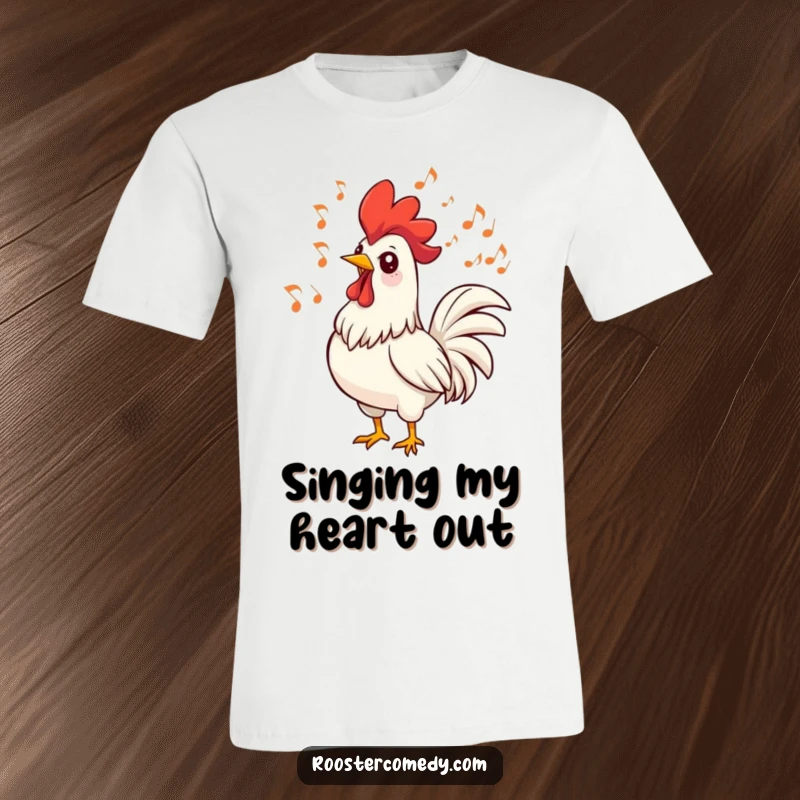 Funny rooster t-shirt depicting a bird singing joyfully with musical notes swirling around its head. For music lovers.