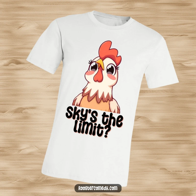 Funny Rooster Sky Surprise T-Shirt: A startled rooster with wide eyes looks up at the sky, expressing comical shock and disbelief.