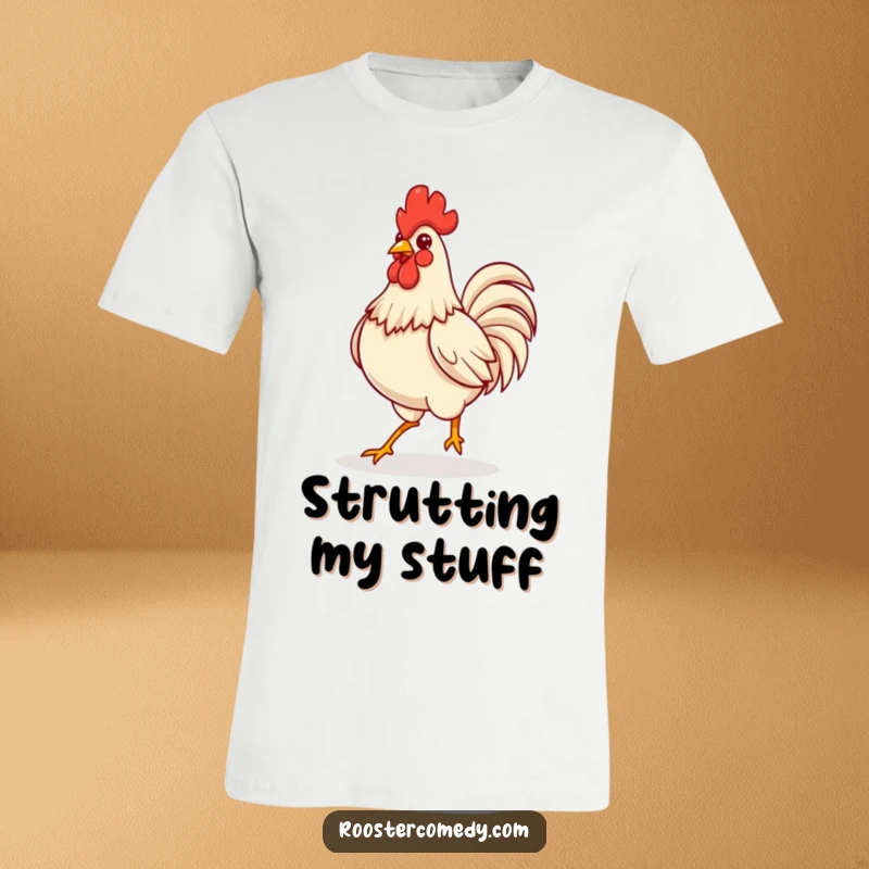 Funny Kawaii rooster strutting proudly with puffed chest, printed on a soft t-shirt.