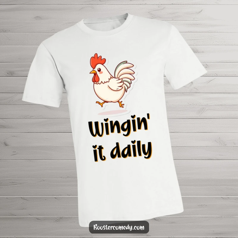 Funny Kawaii Rooster T-Shirt: A cute, animated rooster mid-hop with wings outstretched, radiating pure, silly joy. A great funny gift.