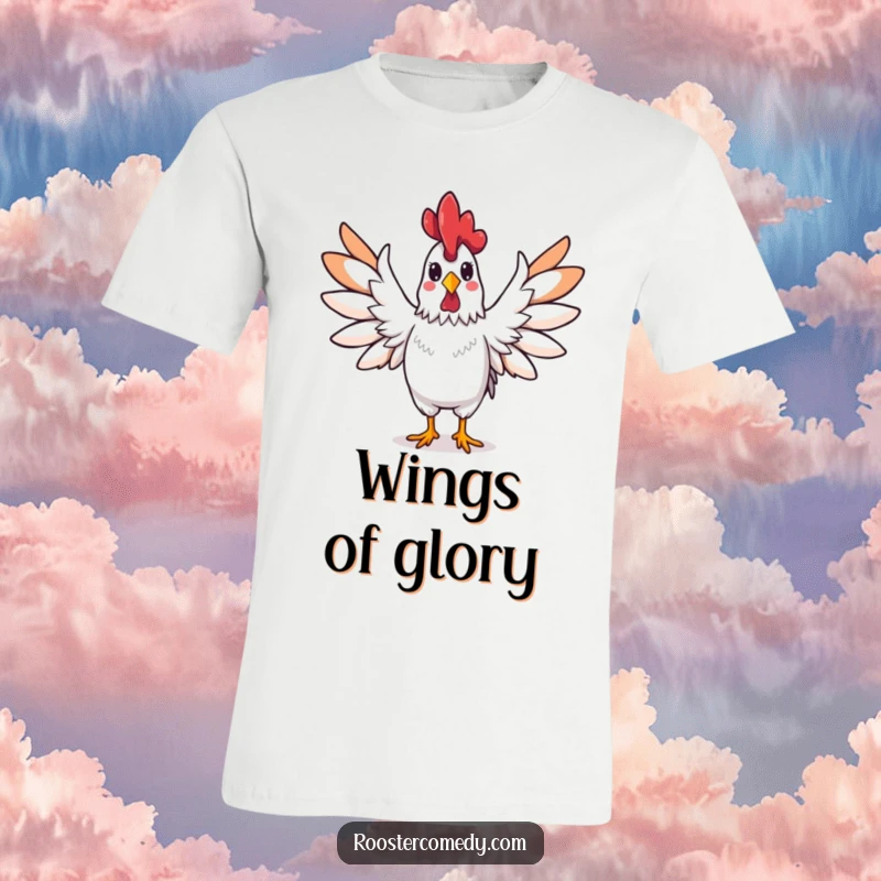 Funny rooster t-shirt, a rooster spreading its wings wide triumphantly, celebrating success with bold energy.