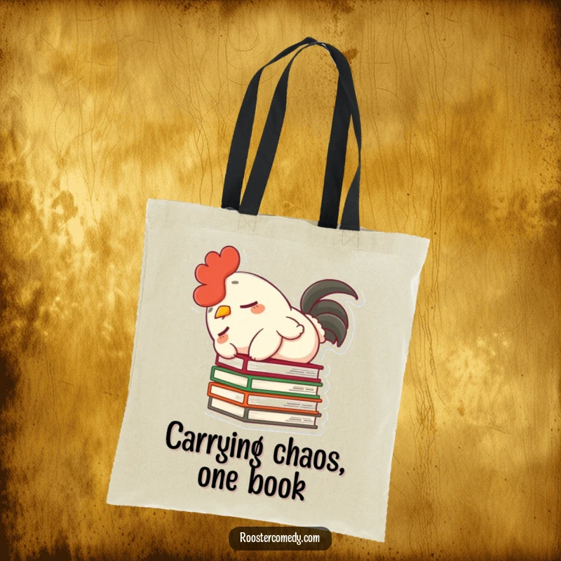 Funny tote bag featuring a dozing rooster character, fluffy tail, accidentally toppling a stack of books, a humorous accessory.