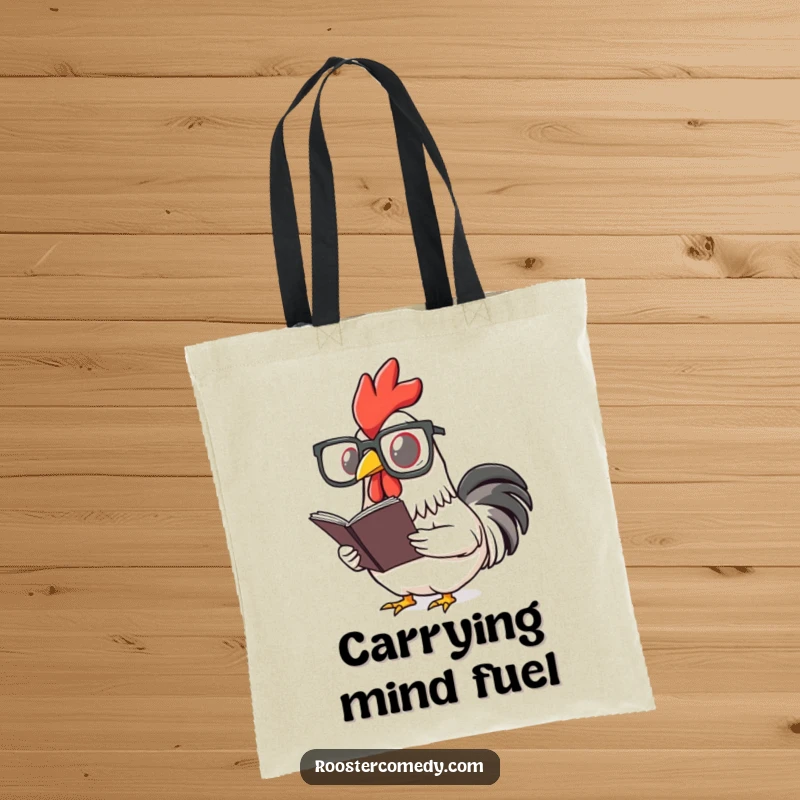 Funny rooster tote bag with a bird wearing spectacles, reading a tiny book. Ideal for carrying books and supplies.