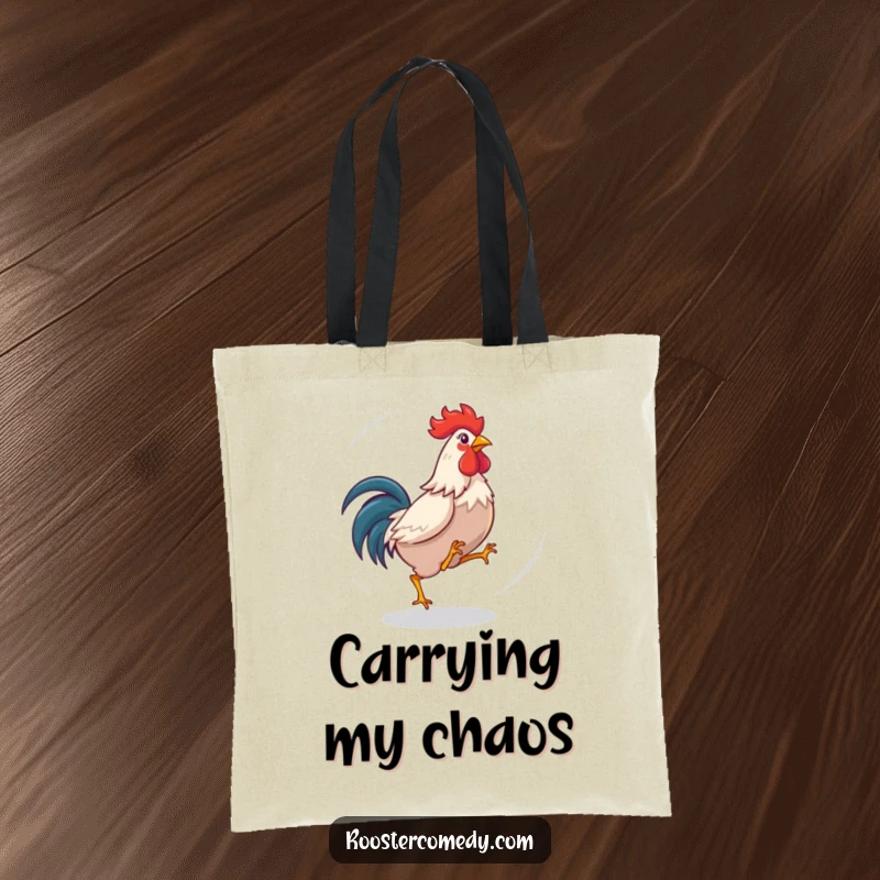 Funny rooster tote bag with a dizzy bird playfully chasing its tail in a circle. Perfect for everyday use.