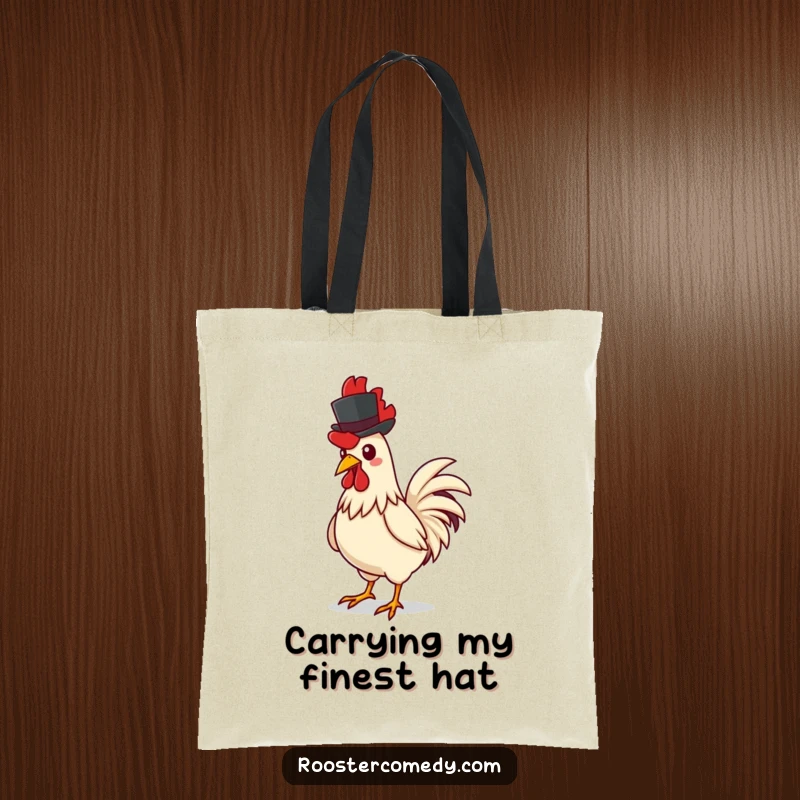 Funny rooster tote bag, showing a rooster confidently strutting with a miniature top hat, exuding a sense of quirky elegance.
