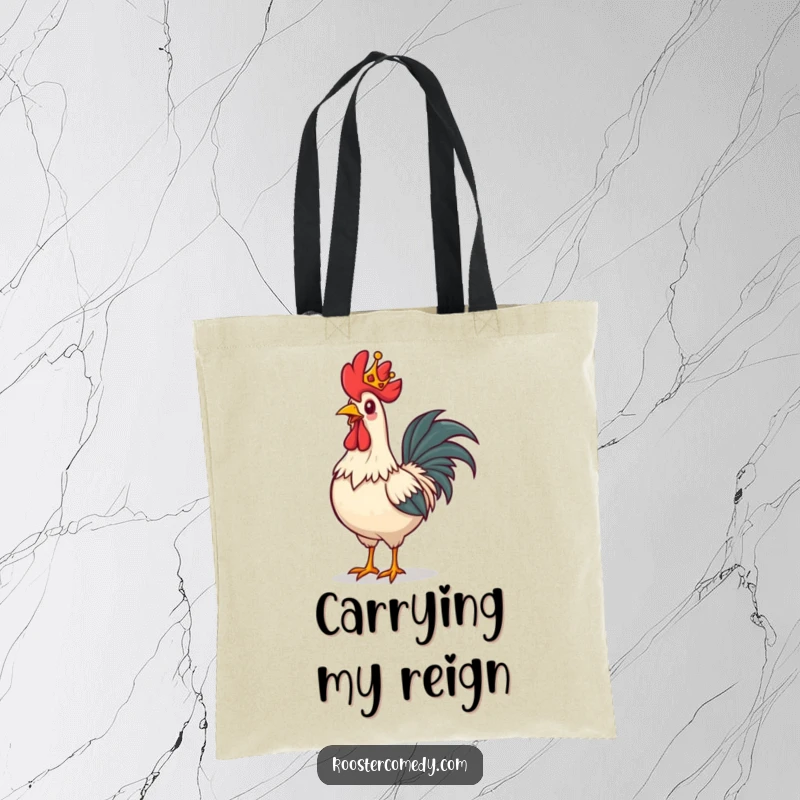 Funny rooster tote bag, a rooster wearing a tiny crown, strutting proudly forward with royal flair.