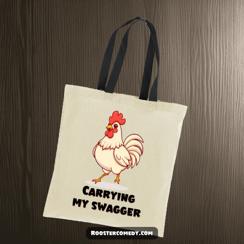 Funny Kawaii rooster strutting confidently with puffed chest, on a durable canvas tote bag.